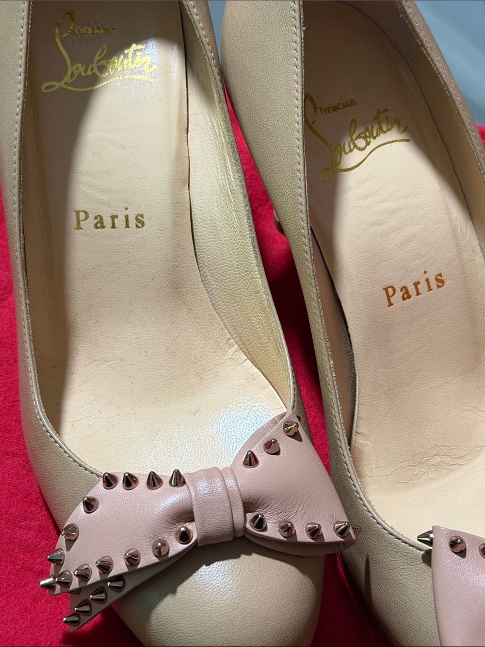 Christian Louboutin Nude Leather Pumps with Blush Studded Bow - Picture 3 of 4